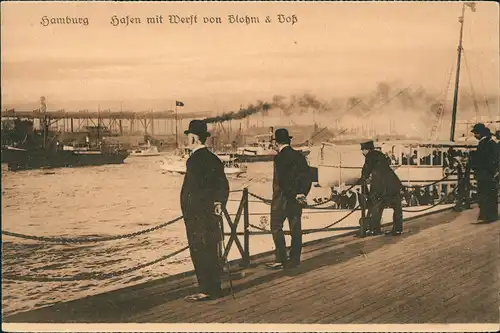 Hamburg Hafen mit Werft von Blohm & Voß, Männer mit Melone 1913