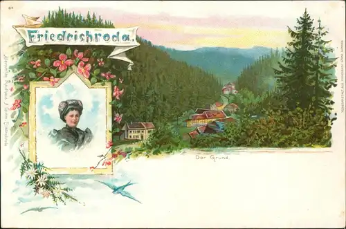 Ansichtskarte Friedrichroda Der Grund, Frau in Tracht - 2 Bild 1906