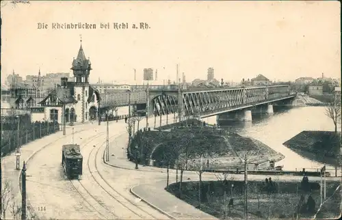 Ansichtskarte Kehl (Rhein) Rheinbrücken Straßenbahn 1908  gel. Bahnpoststempel