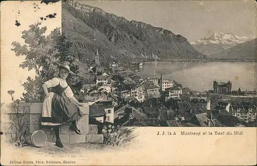 Ansichtskarte Montreux (Muchtern) Totale - Frau in Tracht 1907 Passepartout