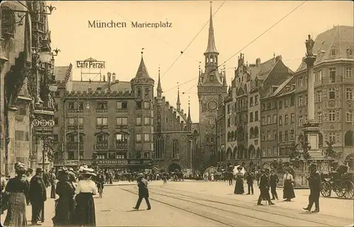 Ansichtskarte München Marienplatz - belebt, Cafe Perzel 1917