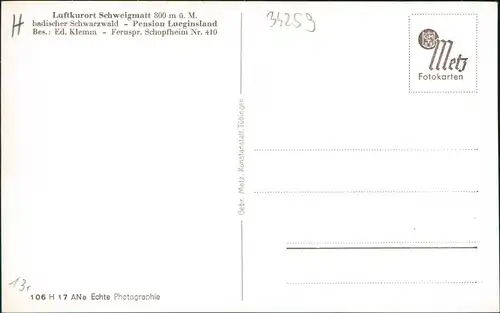 Ansichtskarte Schopfheim Schweigmatt 800 m ü. M. Pension Luginsland 1939