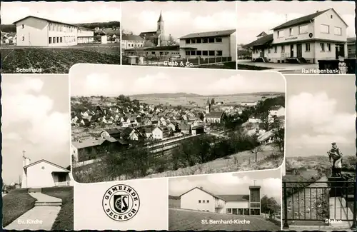 Ansichtskarte Seckach St. Bernhard-Kirche, Raiffeisenbank, Ev Kirche 1962