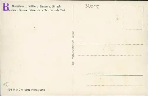 Binzen (Lk Lörrach) Weinstube z. Mühle Binzen Rückseite Auto 1932