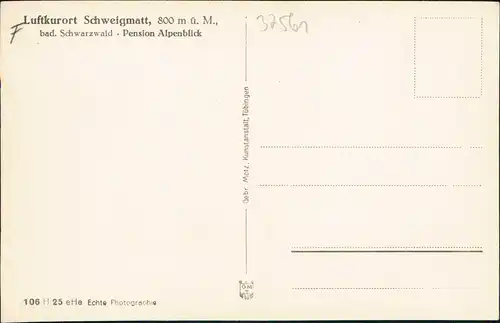 Ansichtskarte Schweigmatt Schwarzwald Pension Alpenblick Rückseite 1932