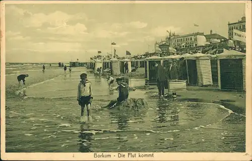 Ansichtskarte Borkum Die Flut kommt, Kinder Strand Hotels 1913