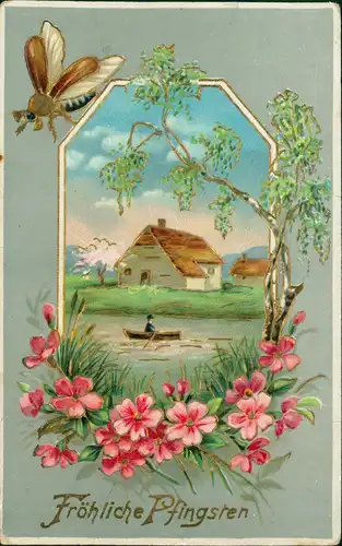 Ansichtskarte  Glückwunsch: Pfingsten Landschaft Birke 1913 Goldrand