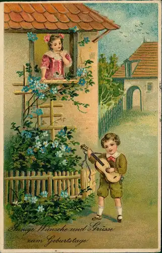 Glückwunsch Geburtstag Birthday Junge mit Gitarre Haus Mädchen 1920 Prägekarte