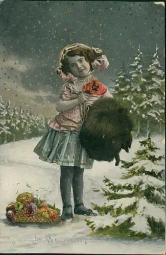 Weihnachten - Christmas Mädchen in feiner Kleidung im Wald 1911 Goldrand