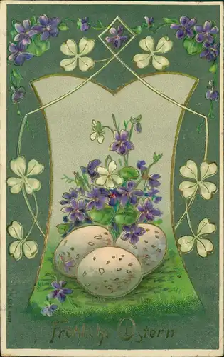 Ansichtskarte  Glückwunsch Ostern / Easter Ostereier Kleeblatt 1910 Goldrand
