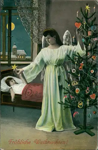 Weihnachten - Christmas Engel Angel am Weihnachtsbaum Mädchen im Bett 1912