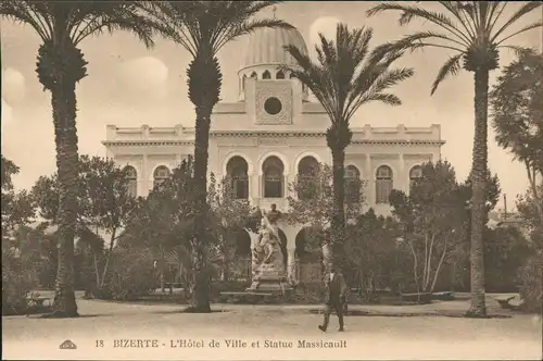 Postcard Bizerte بنزرت Hôtel de Ville et Statue Massicault 1910