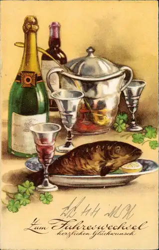 Ansichtskarte  Neujahr Sylvester New Year Stillleben Sekt Karpfen 1913