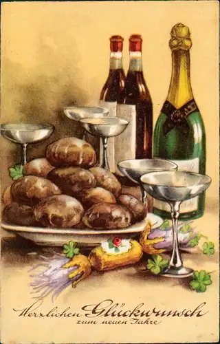 Ansichtskarte  Neujahr Sylvester New Year Stillleben Champanger 1913