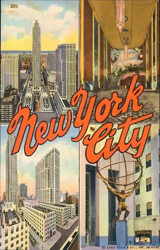 Postcard New York City 4 Bild Straßen Skyscraper 1950