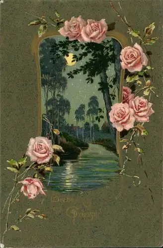 Ansichtskarte  Liebe Liebespaare - Love Mpndnacht Rosen Parcepartout 1915