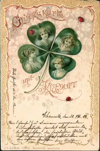GLÜCKSKARTE Kleeblatt Frauen - Kleeduft 1902 Goldrand/Prägekarte