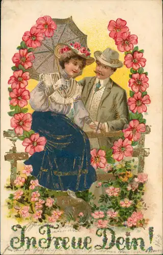 Liebe Liebespaare Love Mann Frau Blumen In Treue Dein! 1906 Goldrand/Prägekarte