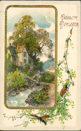 Ansichtskarte  Glückwunsch: Pfingsten Am Bach Maikäfer 1913 Goldrand