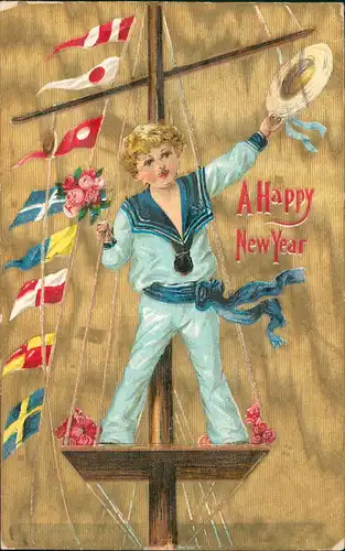 Neujahr Sylvester New Year Junge auf Segelschiffmast 1908 Gold-Effekt