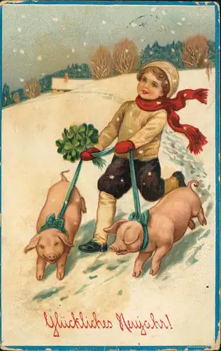 Ansichtskarte  Neujahr Sylvester New Year Junge mit Glücksschweinen 1914