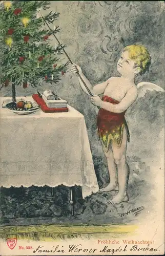 Weihnachten - Christmas Motiv: Engel Angel zündet Kezen am Weihnachtsbaum 1905