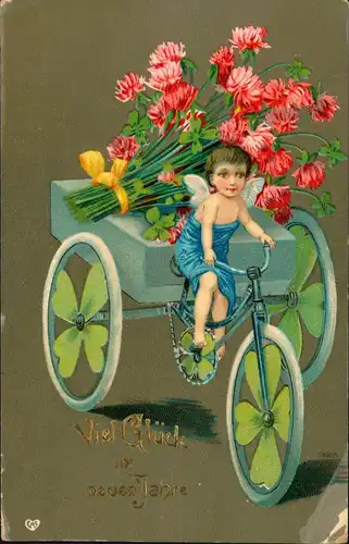 Neujahr Sylvester New Year Engel   Glücksdreirad Kleeblätter  1907 Goldrand