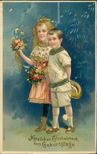 Glückwunsch Geburtstag Birthday Junge und Mädchen 1910 Goldrand