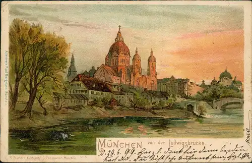 Ansichtskarte München von der Ludwigsbrücke - Künstlerkarte 1898