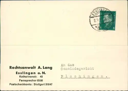 Ansichtskarte Esslingen Rechtsanwalt A. Lang Esslingen a. N. 1931