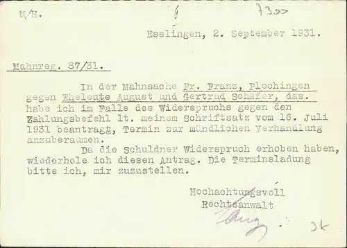 Ansichtskarte Esslingen Rechtsanwalt A. Lang Esslingen a. N. 1931
