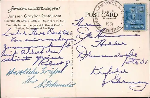 Postcard New York City Janssen Graybar Restaurant 44th Street 1954