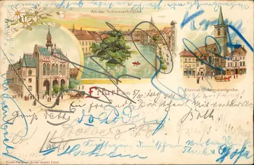 Ansichtskarte Litho AK Erfurt An der Schlösserbrücke. Rathaus 1897