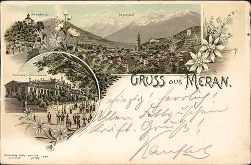 Cartoline Litho AK Meran Merano Stadt und Promenade - Gruss aus 1897