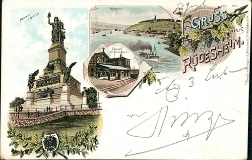 Ansichtskarte Litho AK Rüdesheim (Rhein) Bahnhof, Niederwalddenkmal 1896