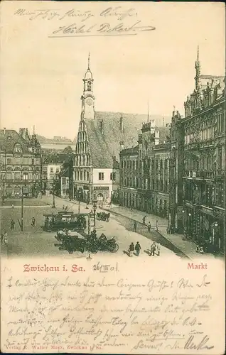 Ansichtskarte Zwickau Hauptmarkt, Straßenbahn - Kutsche 1901