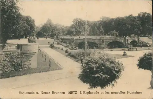 CPA Metz Esplanade u. Neuer Brunnen 1908  MEPPEN (mit Ankunftsstempel)