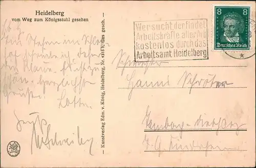 Ansichtskarte Heidelberg vom Weg zum Königsstuhl gesehen 1928