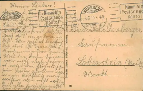 Ansichtskarte Nürnberg Partie auf der Burg 1919  gel. Rollstempel Feldpost