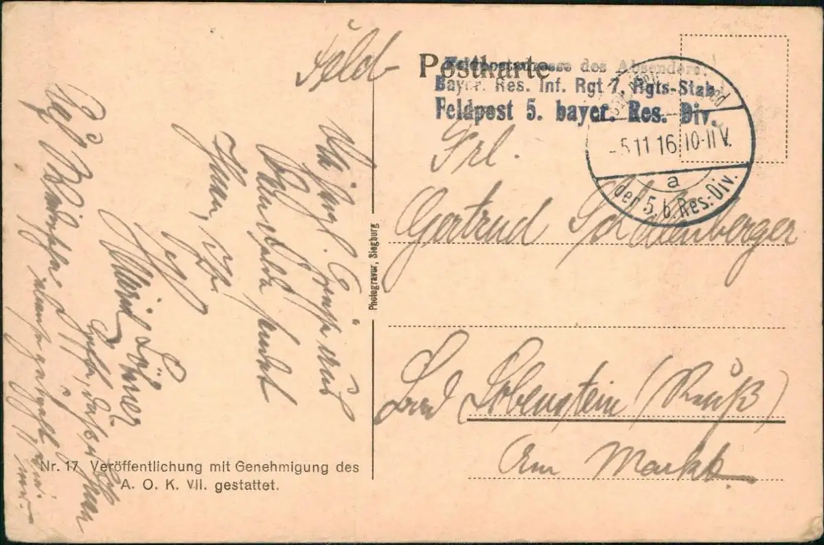 CPA Aubigny Somme Straßenpartie 1916  gel. div. Feldpoststempel