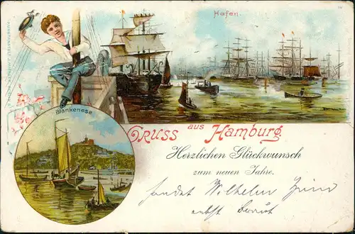 Litho AK Blankenese-Hamburg Süllberg, Hafen - Frau auf Mast 1899