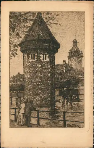 Ansichtskarte Luzern Lucerna Künstlerkarte: Wasserturm 1922