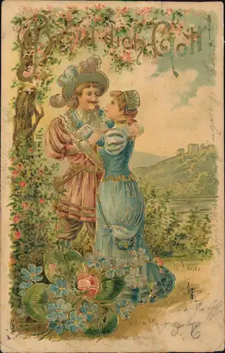 Künstlerkarte "Behüt Dich Gott", Liebespaar 1907 Goldrand/Prägekarte