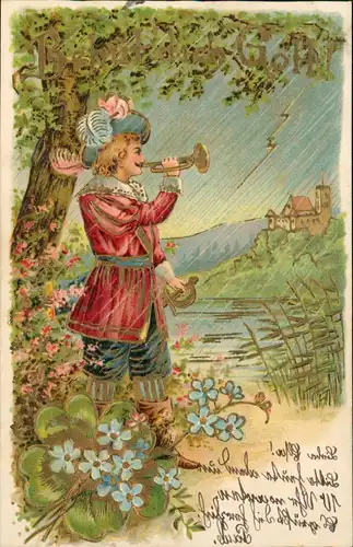 Künstlerkarte Serie "Behüt Dich Gott", Trompeter 1906 Goldrand/Prägekarte