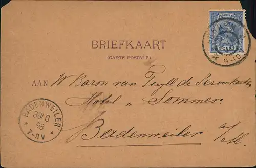 Niederlande  Königsjahr Königin Palast 1898    BADENWEILER (Ankunftsstempel)