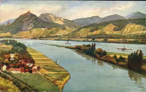 Königswinter Drachenfels und Insel Nonnenwert. Künstlerkarte 1920