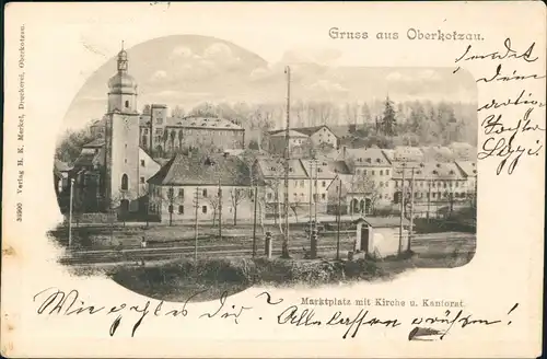 Ansichtskarte Oberkotzau Marktplatz mit Kirche u. Kantorat. Bahnstation 1903