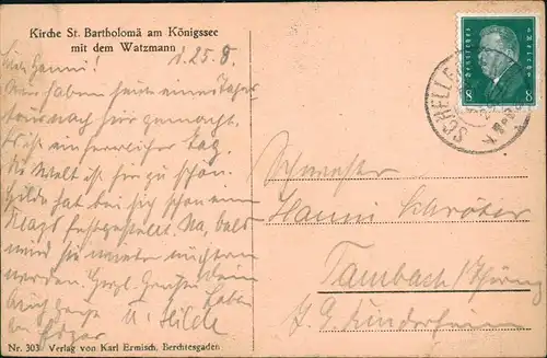 St. Bartholomä-Schönau am Königssee Kirch, Watzmann Blick 1928 DR Marke Stempel