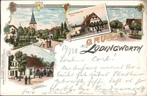 Litho AK Lüdingworth-Cuxhaven Gruss aus... Westerstrasse, Gaststätten 1898