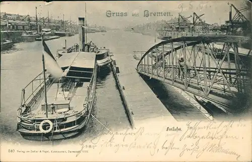 Ansichtskarte Bremen Freihafen, Dampfer - Drehbrücke 1901
